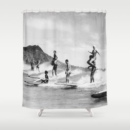 Vintage Hawaii Tandem Surfing Shower Curtain