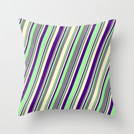 [ Thumbnail: Grey, Light Yellow, Indigo, and Green Colored Lines/Stripes Pattern Throw Pillow ]