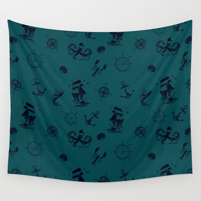 Teal Blue And Blue Silhouettes Of Vintage Nautical Pattern Wall Tapestry