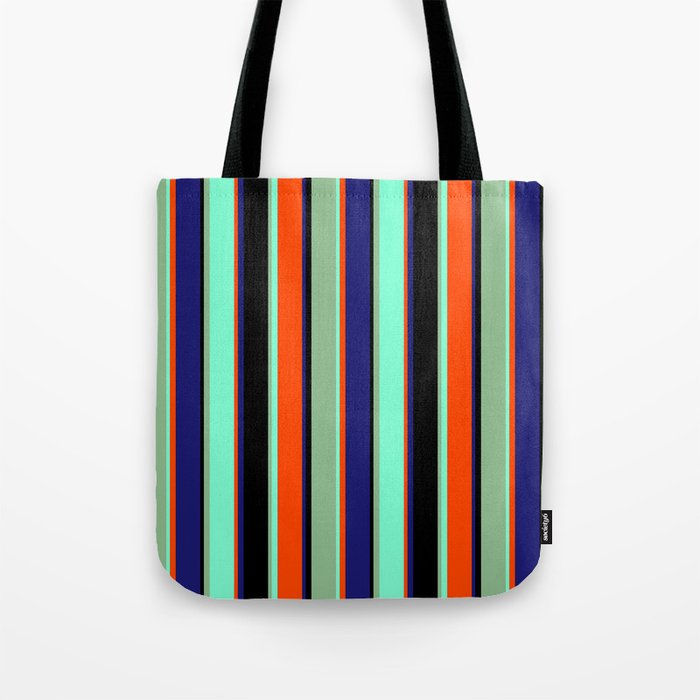 Vibrant Black, Dark Sea Green, Aquamarine, Red, and Midnight Blue Colored Pattern of Stripes Tote Bag