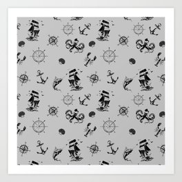 Light Grey And Black Silhouettes Of Vintage Nautical Pattern Art Print