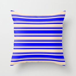 [ Thumbnail: Bisque and Blue Colored Lined/Striped Pattern Throw Pillow ]