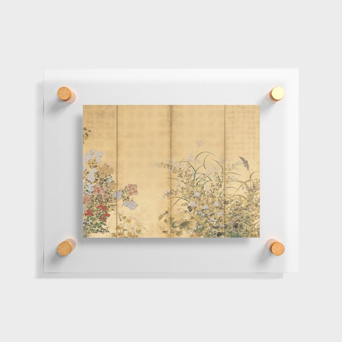 Japanese Edo Period Six-Panel Gold Leaf Screen - Spring and Autumn Flowers Floating Acrylic Print