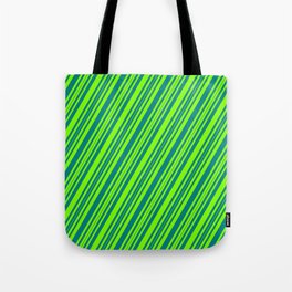 [ Thumbnail: Chartreuse & Teal Colored Stripes/Lines Pattern Tote Bag ]