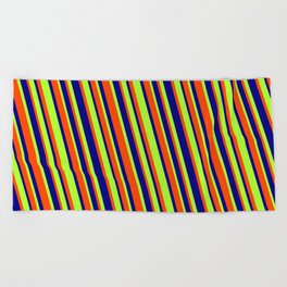 [ Thumbnail: Red, Blue & Light Green Colored Lines Pattern Beach Towel ]