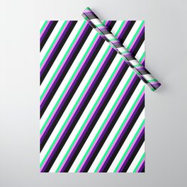 [ Thumbnail: Vibrant Green, Violet, Indigo, Black, and White Colored Striped/Lined Pattern Wrapping Paper ]