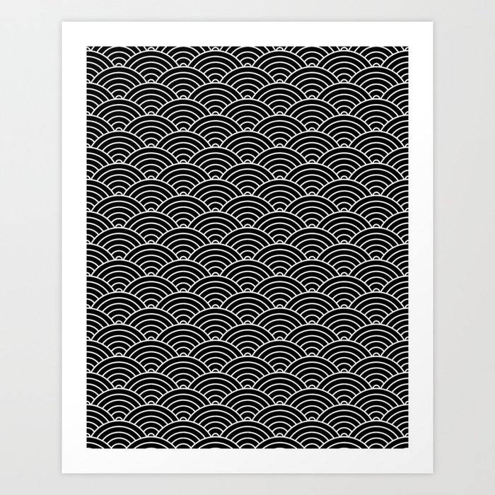 Japanese Waves Pattern Black on White Art Print