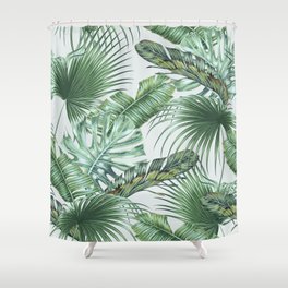Tropical palm leaves, monstera, banana leaf, jungle foliage floral seamless pattern, summer background. Vintage botanical exotic illustration wallpaper.  Shower Curtain