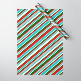 [ Thumbnail: Vibrant Red, Grey, Dark Turquoise, Mint Cream, and Dark Green Colored Striped/Lined Pattern Wrapping Paper ]