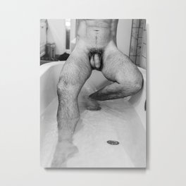 Male Descending Metal Print | Man, Blackandwhite, Photo, Male, Bathroom, Nude, Bathtub, Adult, Hairy, Men 