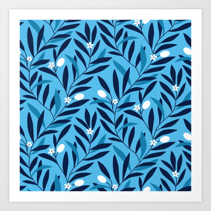 Olive branch pattern on blue background Art Print