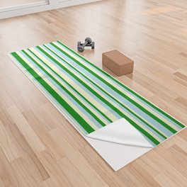 [ Thumbnail: Light Yellow, Green, and Light Blue Colored Lined/Striped Pattern Yoga Towel ]