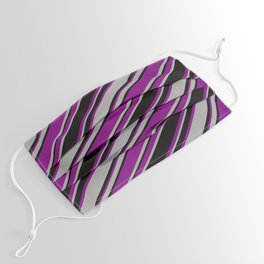 [ Thumbnail: Purple, Dark Gray & Black Colored Striped/Lined Pattern Face Mask ]