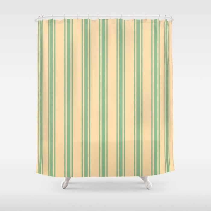 Tan and Dark Sea Green Colored Lined Pattern Shower Curtain