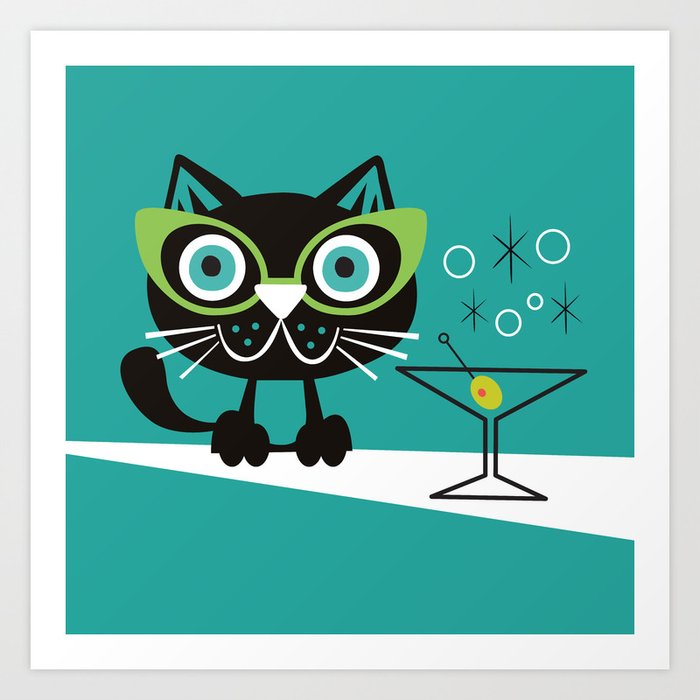 1950s Swank Mid Century Modern Martini Cocktail Kitty Cat Art