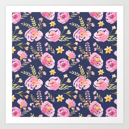 Delicate Poppy Pattern Blue Art Print