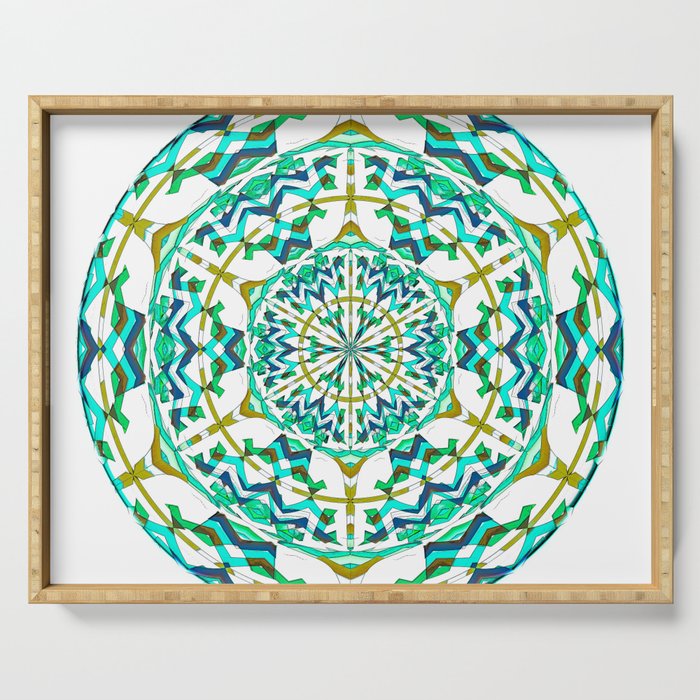 Retro Green Art Nouveau Geometric Mandala Serving Tray