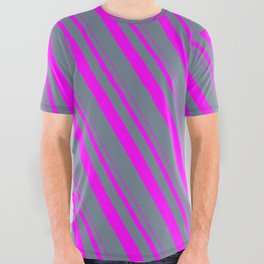 [ Thumbnail: Fuchsia and Slate Gray Colored Lines/Stripes Pattern All Over Graphic Tee ]