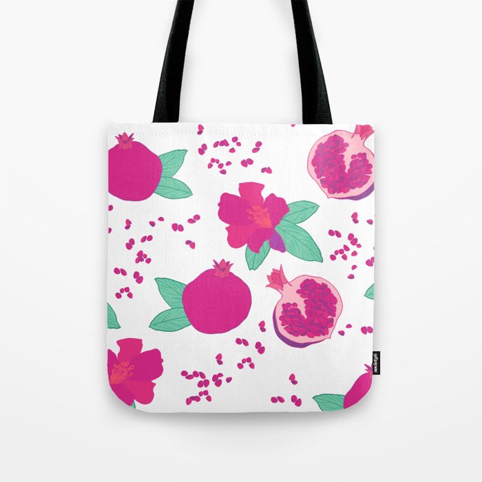 Pomegranate flower and fruit bright pink and green pattern Tote Bag