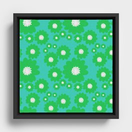 Retro Modern Green 70’s Flowers On Turquoise Framed Canvas