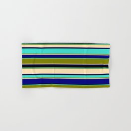 [ Thumbnail: Turquoise, Green, Beige, Blue & Black Colored Striped/Lined Pattern Hand & Bath Towel ]