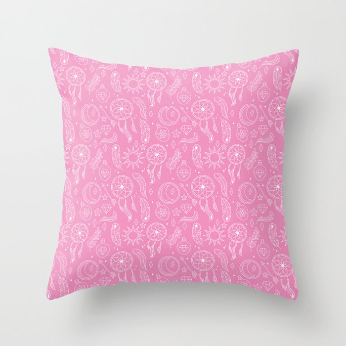 Pink And White Hand Drawn Boho Pattern Throw Pillow