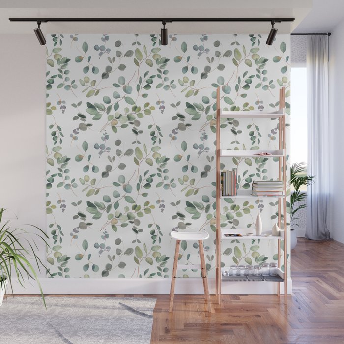 Hand Painted Watercolor Leaves Pattern Wall Mural