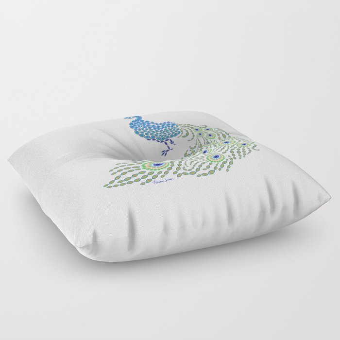 Jeweled Peacock on White Floor Pillow