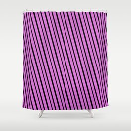 [ Thumbnail: Orchid & Black Colored Striped/Lined Pattern Shower Curtain ]