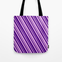 [ Thumbnail: Plum and Indigo Colored Lines/Stripes Pattern Tote Bag ]