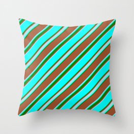 [ Thumbnail: Sienna, Powder Blue, Aqua & Green Colored Stripes Pattern Throw Pillow ]