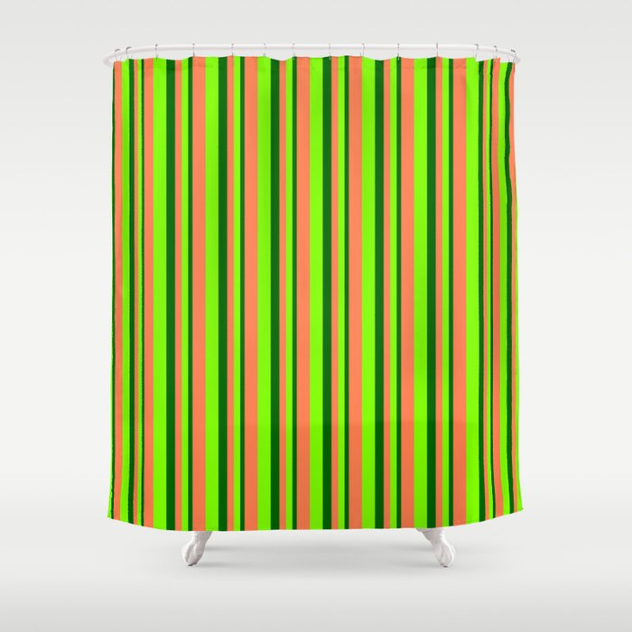 Dark Green, Chartreuse & Coral Colored Lined/Striped Pattern Shower Curtain