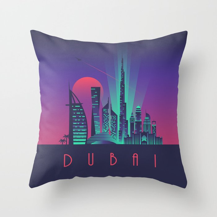 Dubai City Skyline Retro Art Deco Tourism Night Throw Pillow by