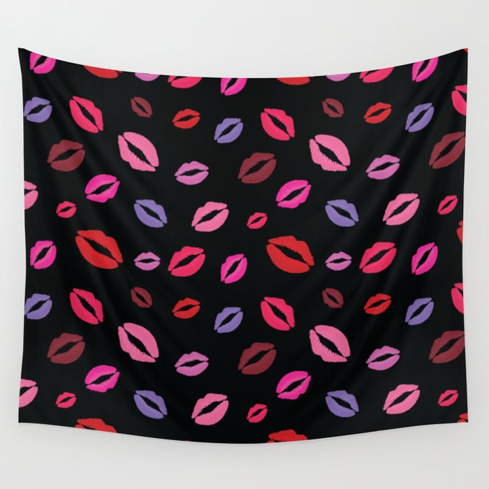 Lipstick kisses on black background. Digital Illustration background Wall Tapestry
