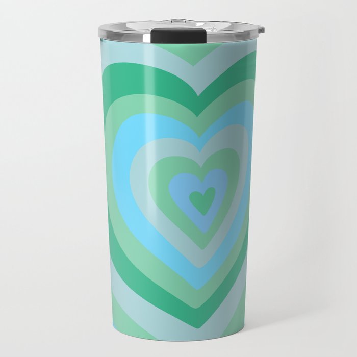 Retro Groovy Love Hearts - neon blue and bright green Travel Mug