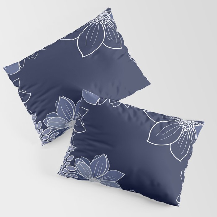 Floral Blooms and Line Art Flowers in Navy Blue Pillow Sham