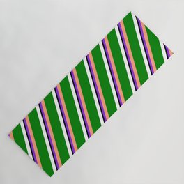 [ Thumbnail: Purple, Light Salmon, Green, White, and Black Colored Striped/Lined Pattern Yoga Mat ]