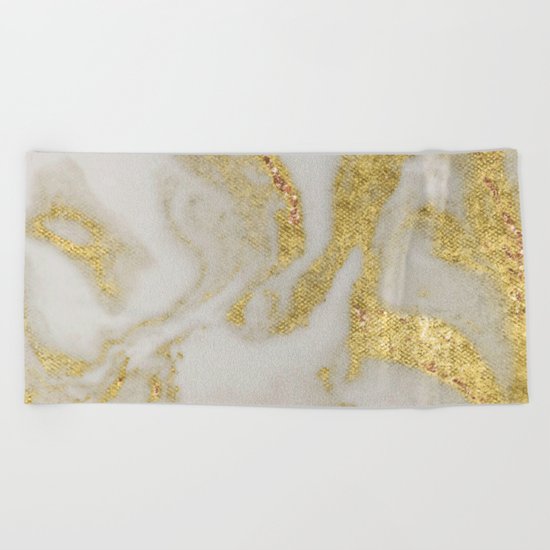 Marble - Swirled Shimmer Gold Marble Yellow on White Marble Beach Towel