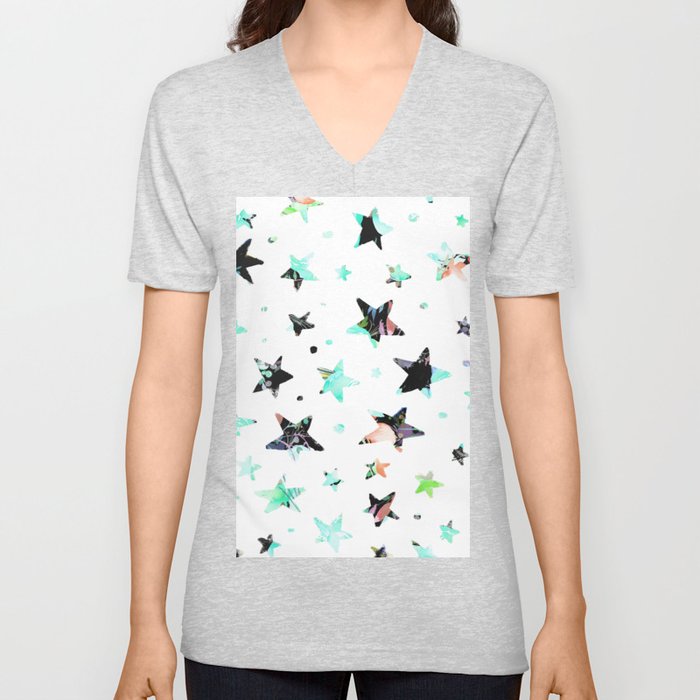 Abstract Mint Green Teal Black Watercolor Geometrical Stars V Neck T Shirt