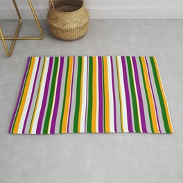 [ Thumbnail: Colorful Grey, Purple, Mint Cream, Orange, and Dark Green Colored Stripes/Lines Pattern Rug ]