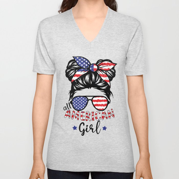 All American Girl 4th Of July Women Messy Bun Usa Flag V Neck T Shirt