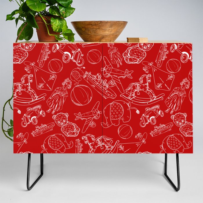 Red and White Toys Outline Pattern Credenza