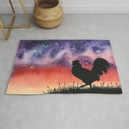 Sunset Rooster and Starry Sky Watercolor Rug | Stars, Galaxy, Purple, Watercolorrooster, Watercolorgalaxy, Milkyway, Silhouette, Curated, Birds, Watercolor 