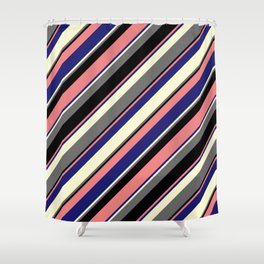[ Thumbnail: Eye-catching Light Coral, Midnight Blue, Light Yellow, Dim Grey, and Black Colored Striped Pattern Shower Curtain ]