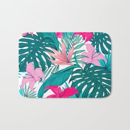Beautiful Tropical Leaves and Flowers Bath Mat | Pattern, Floral, Pink, Lovely, Hibiscus, Nature, Oil, Elegant, Graphicdesign, Acrylic 