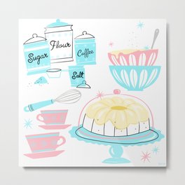 Sugar And Spice And Everything Nice Metal Print | Bundt, Spice, Pink, Cake, Blue, Whisk, Vintage, Kitchen, Tea, Cups 