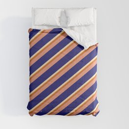 [ Thumbnail: Beige, Chocolate, Dark Salmon, and Midnight Blue Colored Pattern of Stripes Comforter ]