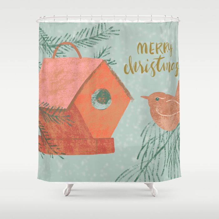 Merry Wren With Bird House Shower Curtain By Horiz Merry Wren With Bird House Shower Curtain