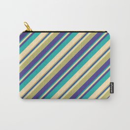 [ Thumbnail: Beige, Dark Khaki, Dark Slate Blue, and Light Sea Green Colored Striped Pattern Carry-All Pouch ]