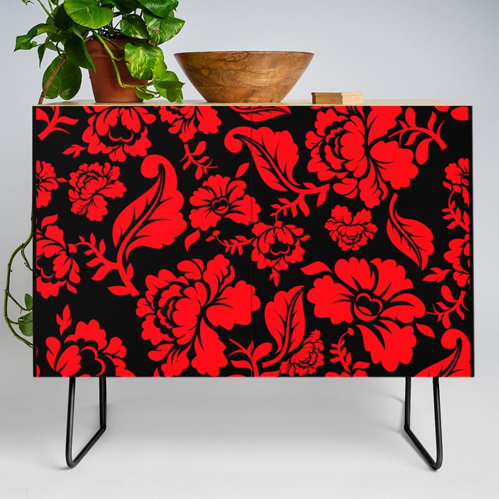 Red Roses on Black Background Floral Pattern Credenza